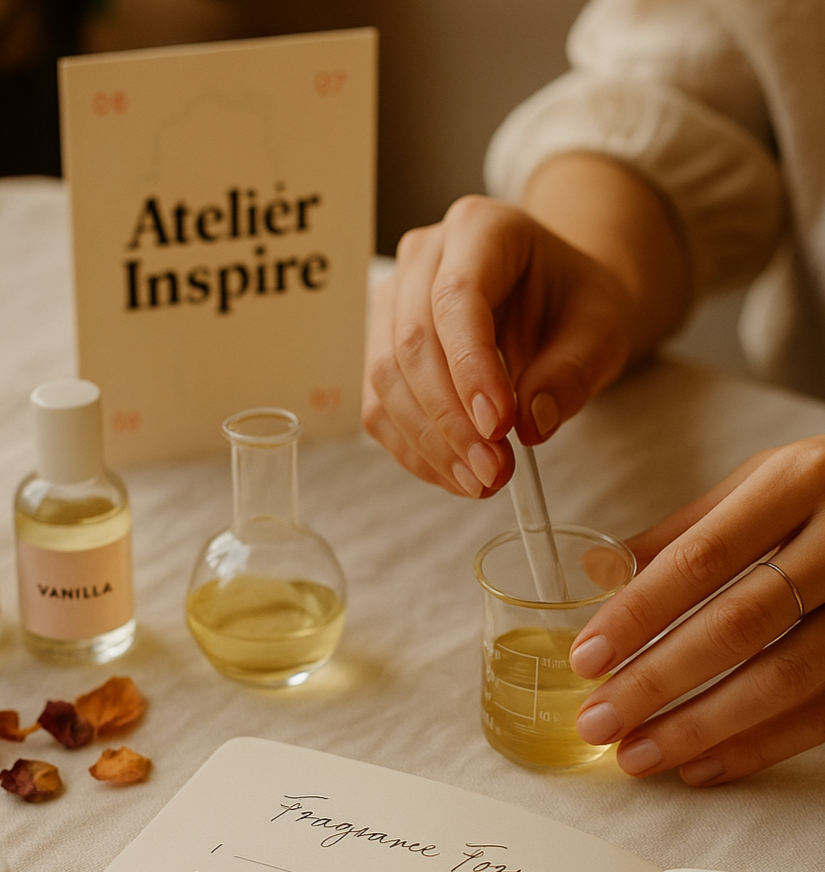 Person mixing ingredients with a notebook and bottles on a table, Atelier Inspire branding visible.
