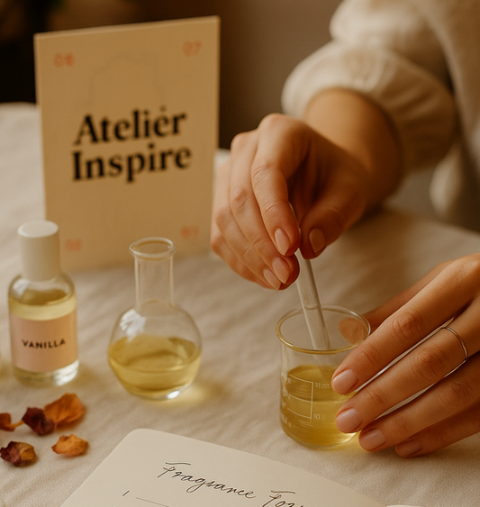 Person mixing ingredients with a notebook and bottles on a table, Atelier Inspire branding visible.